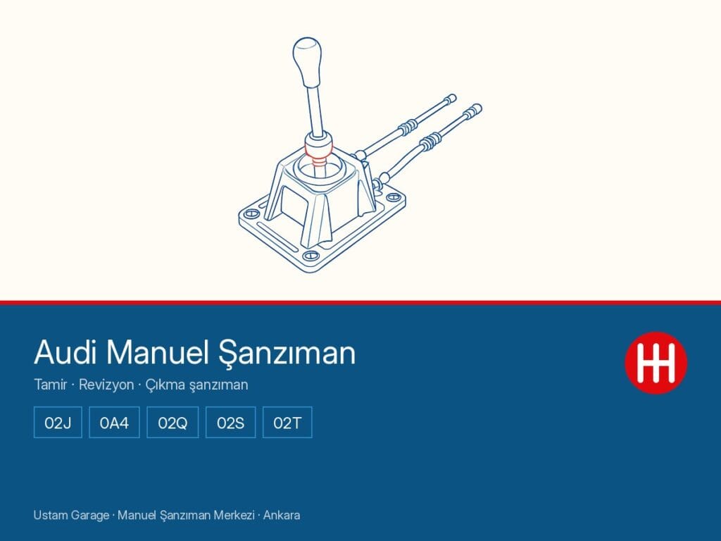Audi manuel şanzıman şeması — vites kulesi ve kumanda, 02J · 0A4 · 02Q · 02S · 02T aileleri, Ustam Garage Ankara