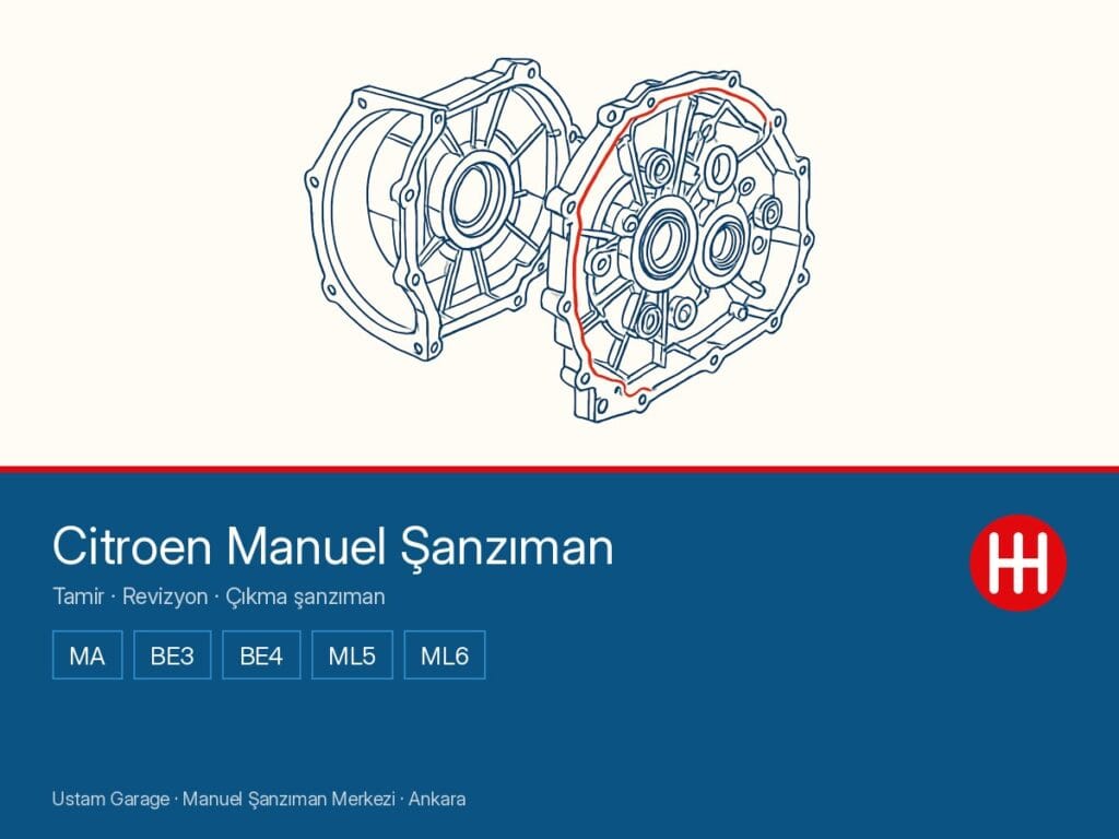 Citroen manuel şanzıman şeması — şanzıman gövdesi kesiti, MA · BE3 · BE4 · ML5 · ML6 aileleri, Ustam Garage Ankara