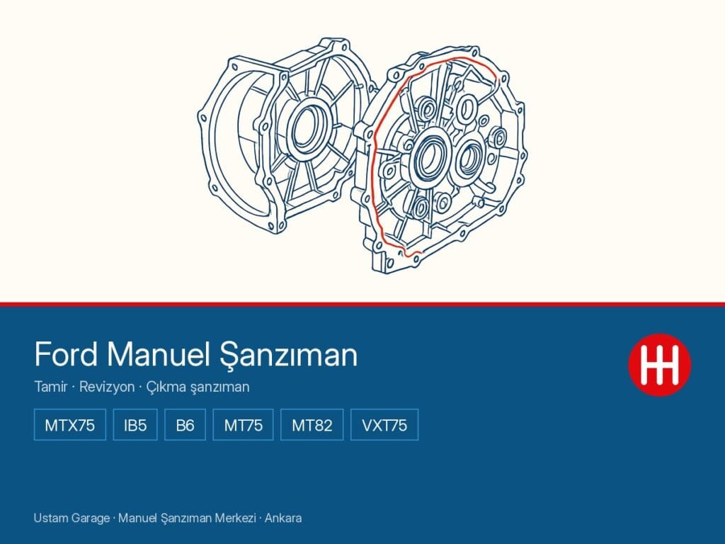 Ford manuel şanzıman şeması — şanzıman gövdesi kesiti, MTX75 · IB5 · B6 · MT75 · MT82 · VXT75 aileleri, Ustam Garage Ankara