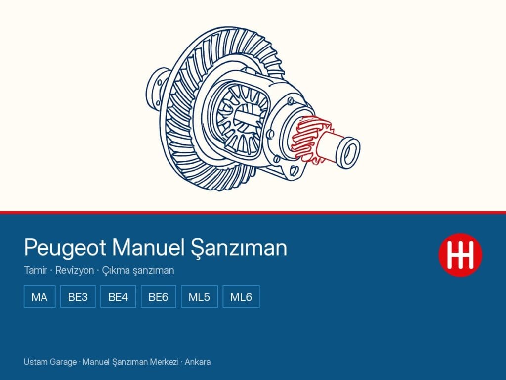 Peugeot manuel şanzıman şeması — diferansiyel ve ayna mahruti, MA · BE3 · BE4 · BE6 · ML5 · ML6 aileleri, Ustam Garage Ankara